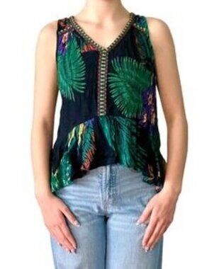 Patrons Of Peace Embroidered Tropical Print Boho Tank Top - Size Medium/Large